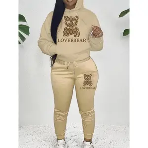 Cartoon Bear Print Two-Piece Set, Drawstring Long Sleeve Hoodie And Athletic Joggers Outfit, Women's