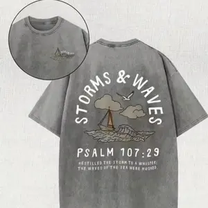 Women's Psalm 107:29 Bible Verse Faith Print T-Shirt - Vintage Washed Retro Classic, Soft Heavyweight Cotton, Short-Sleeve Round Neck, Oversized Streetwear Top for Daily & Faith Outfits summerwins,summerwins