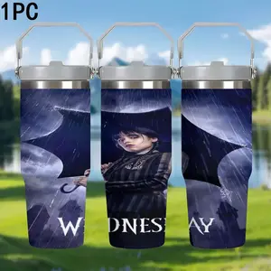 1pc 30oz "Wednesday" umbrella-themed stainless steel ice mug with handle - large capacity insulated cup - fan gift for die-hard fans - Gothic style enthusiast