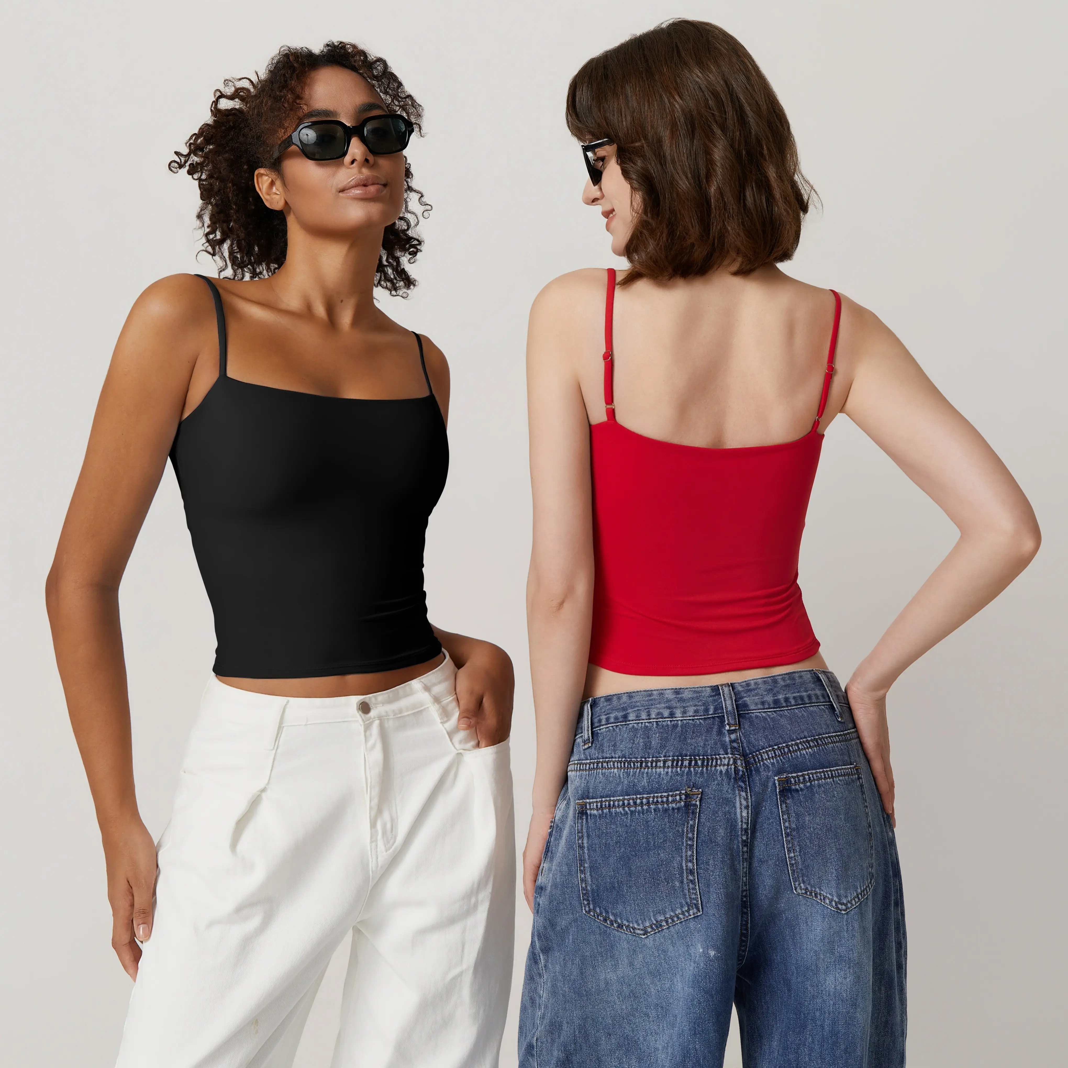 QINSEN Women's Double Lined Basic Tank Top Adjustable Spaghetti Straps Sleeveless Camisole Shirts