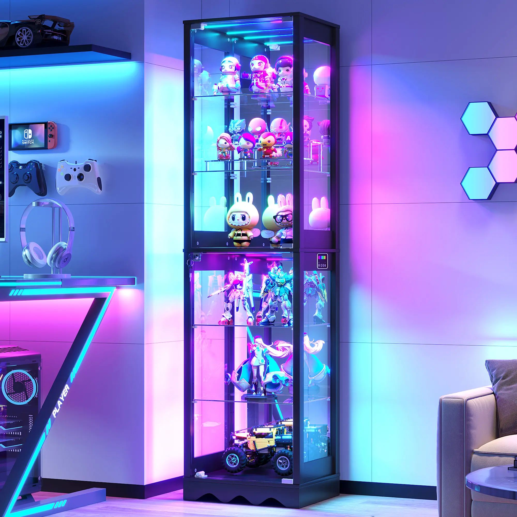 Lvifur 67''H 3-Sided Glass Display Cabinet with 6 Shelves, Motion Sensor RGB Lights, Lockable Bottom Cabinet, Sliding Door, Adjustable Shelves for Figures & Collectibles