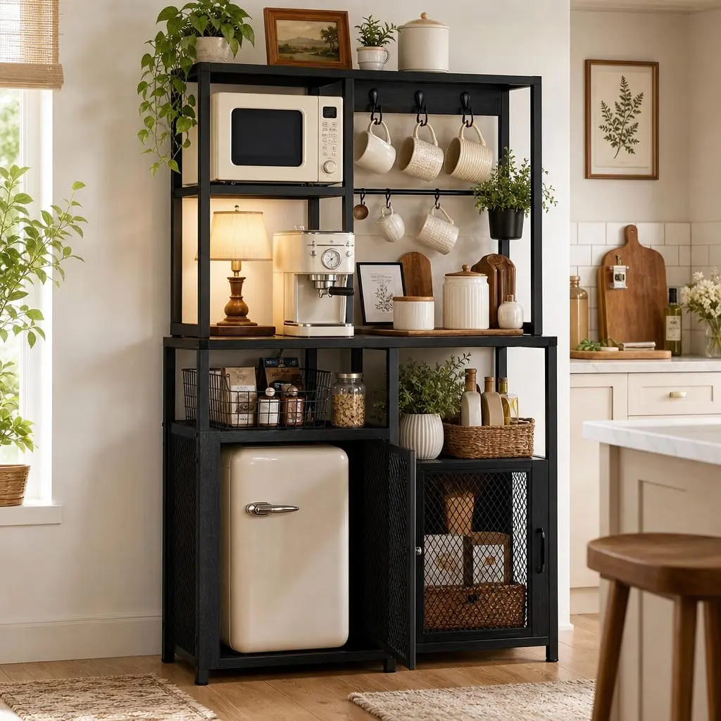 5-Tier Metal High-Strength Minimalist Storage Baker's Rack - Kitchen Microwave Stand with Mini Fridge Space, Coffee Bar Storage Shelf & Hanging Hooks for Apartment, Office, Metal Baker's Racks, Storage Baker's Racks summerwins