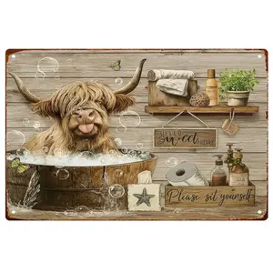 Funny Highland Cow Bath Time Vintage Metal Sign - 8x12 Inch Farmhouse Bathroom Wall Decor, Perfect Gift for Cow Lovers