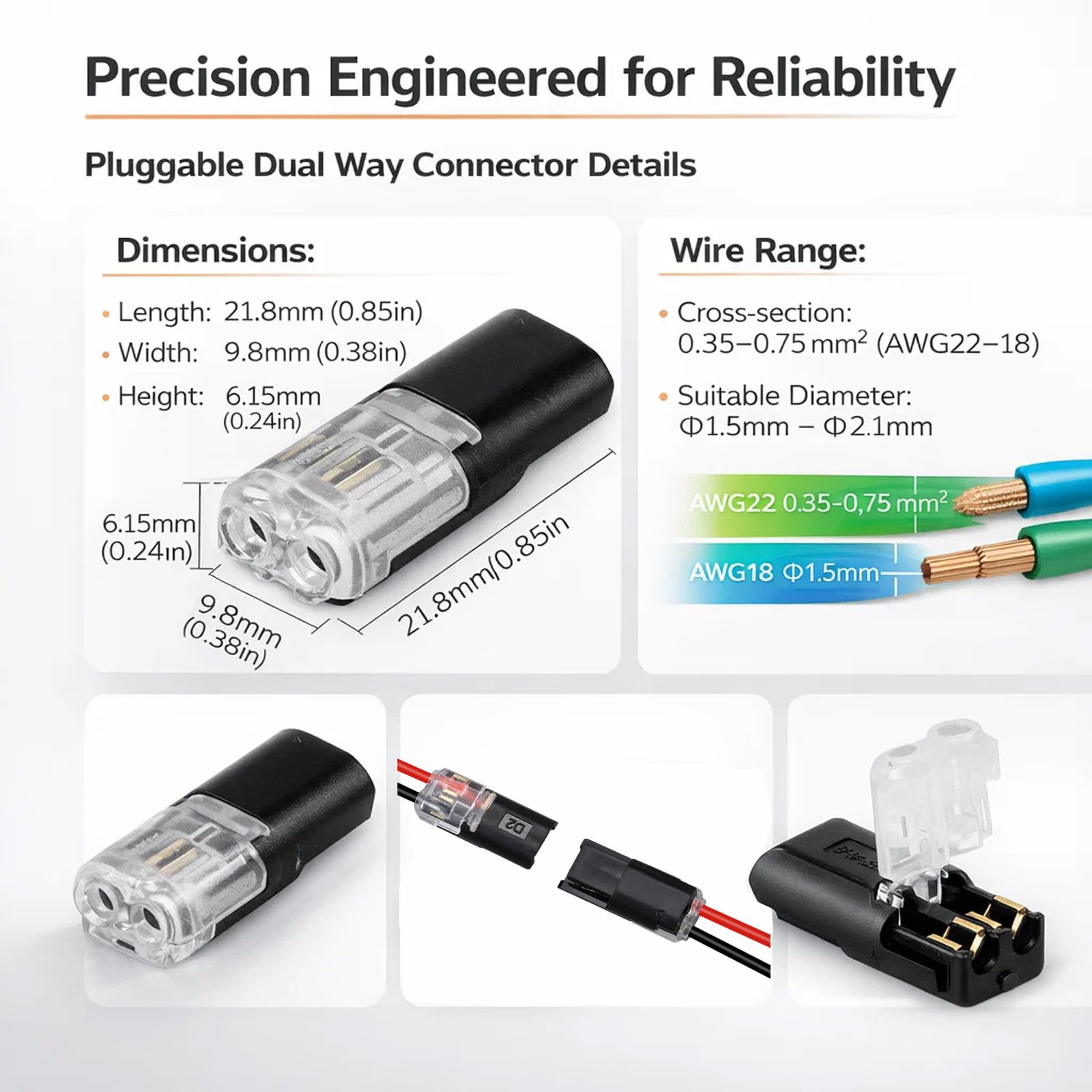 60Pcs Double Wire Plug in Connector, LED Light Strip Low Voltage Connectors 2 Pin with Locking Buckle - Quick Connect, No Wire Stripping Cutting