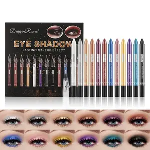 1 Box 12 Eyeshadow Pen Set, Pearl Eyeshadow Stick Set, 12 Colors Fine Glitter Long-Lasting Lipstick, Includes Sharpener & Foaming Brush, Luminous Eyeshadow, Glitter Shimmer Eyeshadow