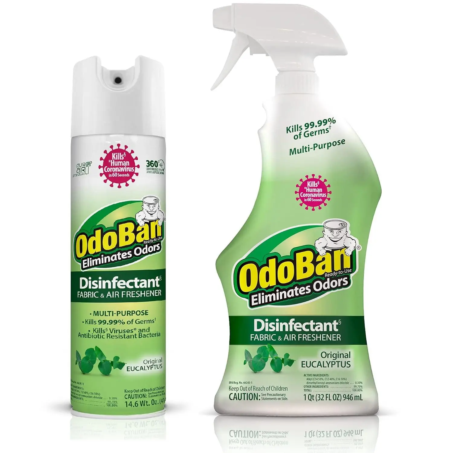 Ready-to-Use Disinfectant and Odor Eliminator, Cleaner and Fabric/Air Freshener, Set of 2, 14.6 Ounce 360-Degree Continuous Spray and 32 Ounce Trigger Spray, Original Eucalyptus Scent
