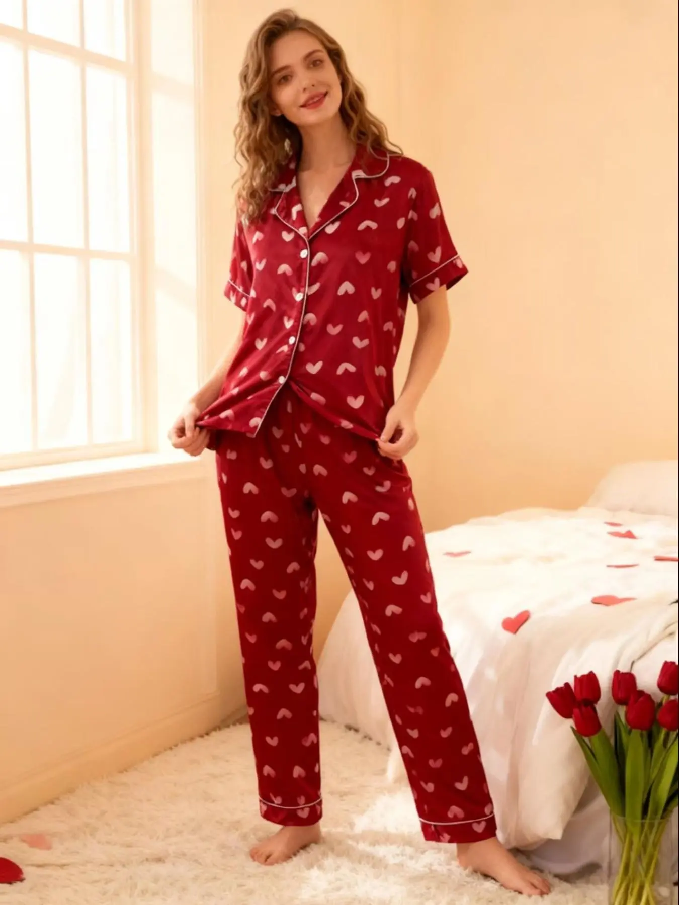 Valentine's Day Women's Lapel Sleepwear Set, Heart Print Pattern Short Sleeve Top & Long Pants, Comfortable Casual Night Home Wear Gift Choice, Pajama Set, Pjs, Homewear, Pyjamas, Loungewear, Pajamas, Nightwear Lounge Set, Lady