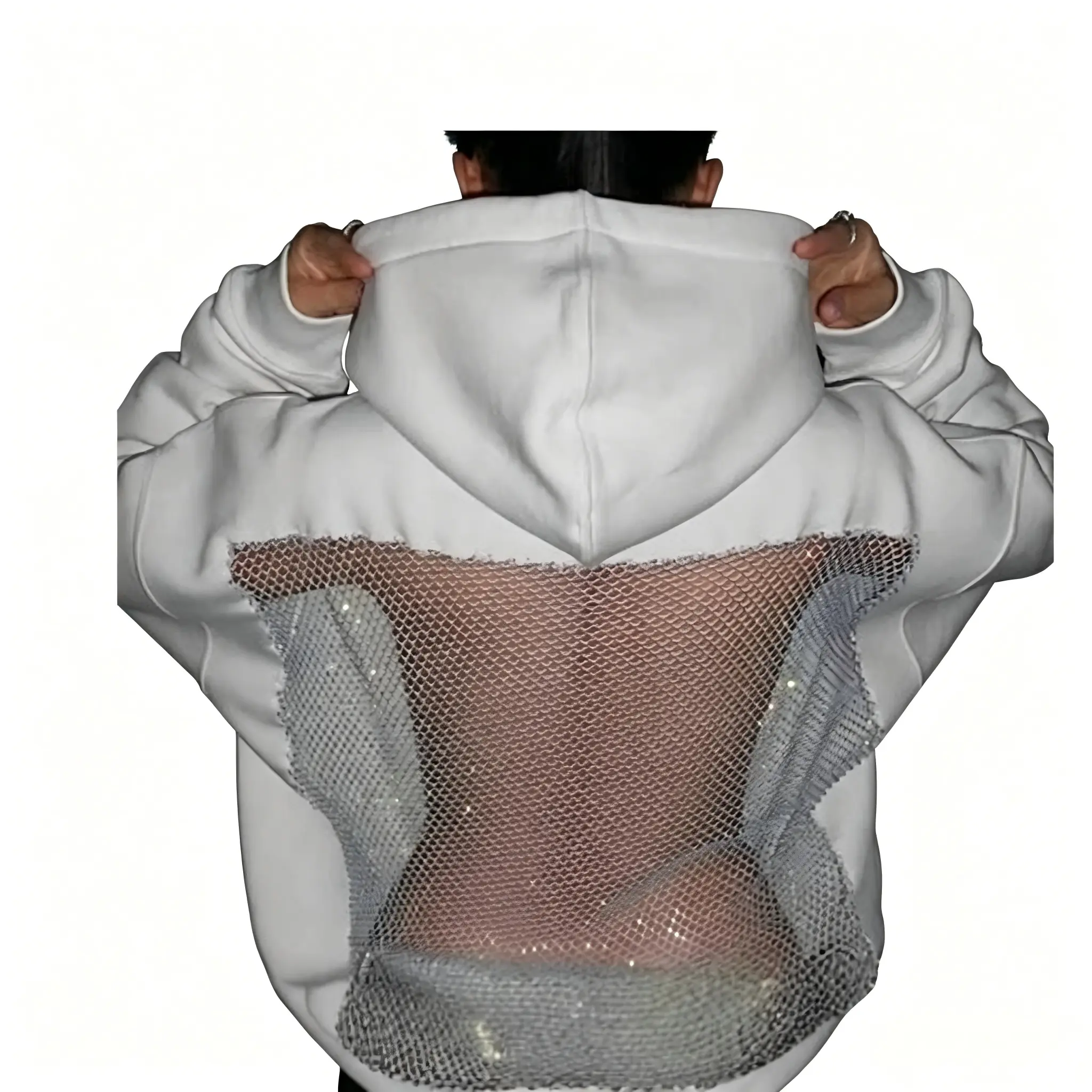 Women's Rhinestone Fishnet Backless Hoodie - Oversized Longsleeves Pullover Sweatshirt, Y2K Aesthetic Hollow-Out Mesh Detail Streetwear, Moisture-Wicking Sports Outerwear for Club & Street Style Womenswear