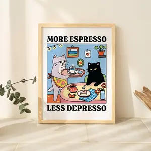 More Espresso Less Depresso Black Cat Wall Poster, Coffee Cat Poster, Kitchen Art, Handmade Cat Coffee Poster, Coffee Bar, Unique Posters Without Framed