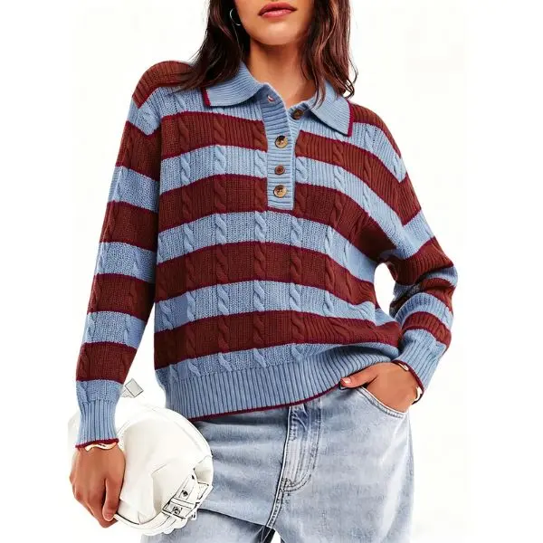 Fisoew Women's Striped Cable Knit Sweater Polo Collar Half Button Long Sleeve Pullover Loose Casual Fall Knitted Top