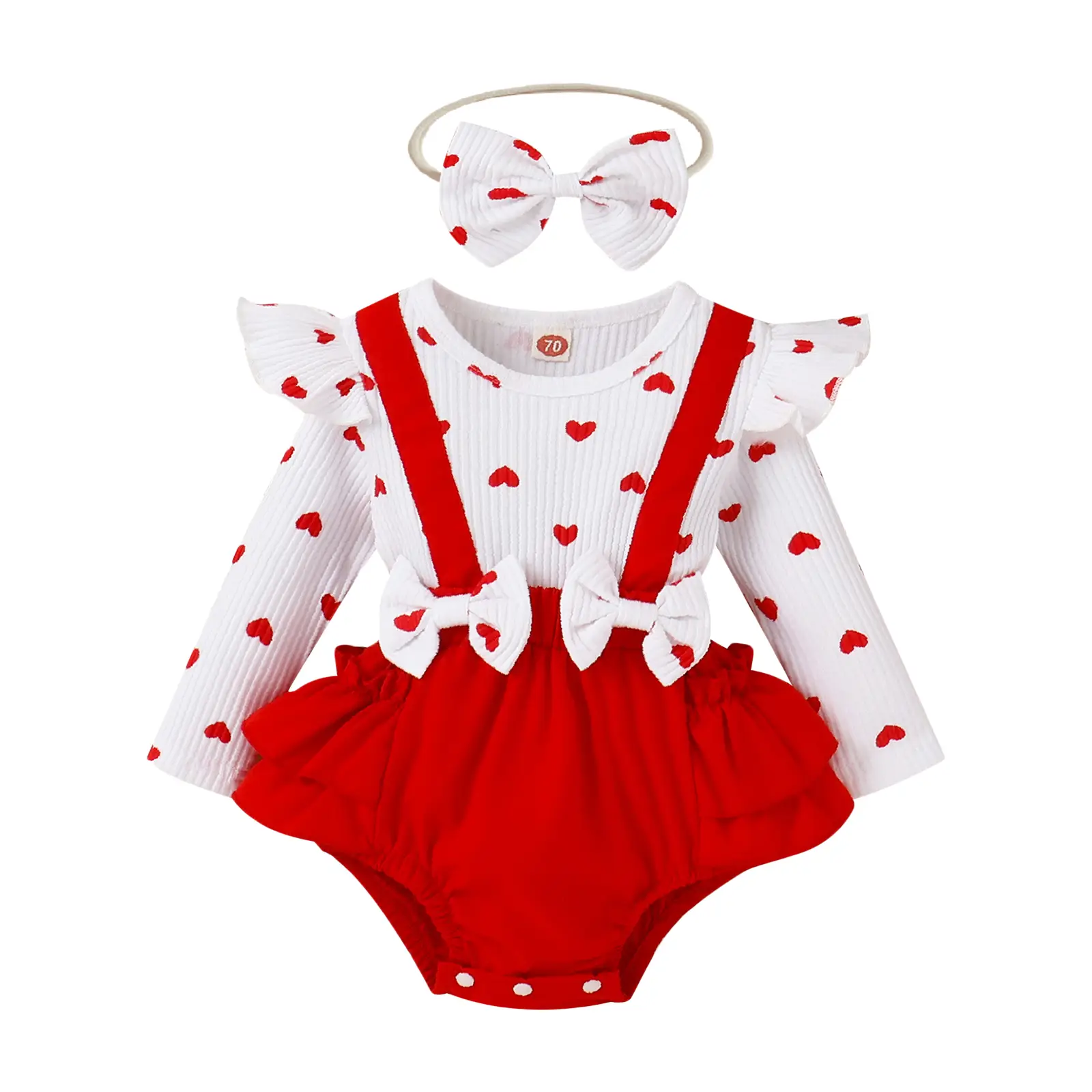 Newborn Baby Girl Valentines Day Outfit Ruffled Romper Hearts Suspender Shorts with Headband Fall Winter Clothes