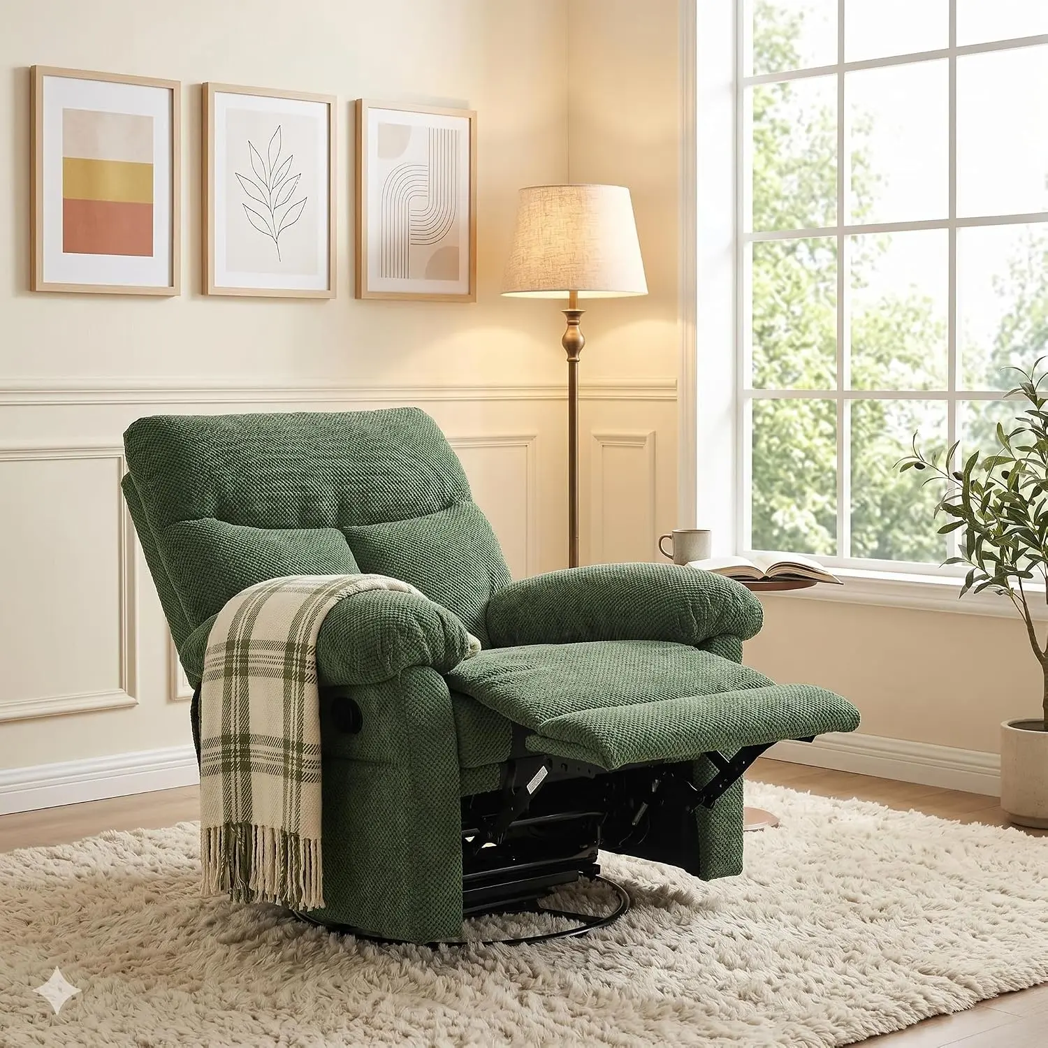 360° Swivel Rocker Recliner Chair with Manual Recline ,Plush Padded Armrests, Sturdy Internal Frame, for Living Room, Home Office, Lounge, Reading Nook, Apartment (Dark Green)