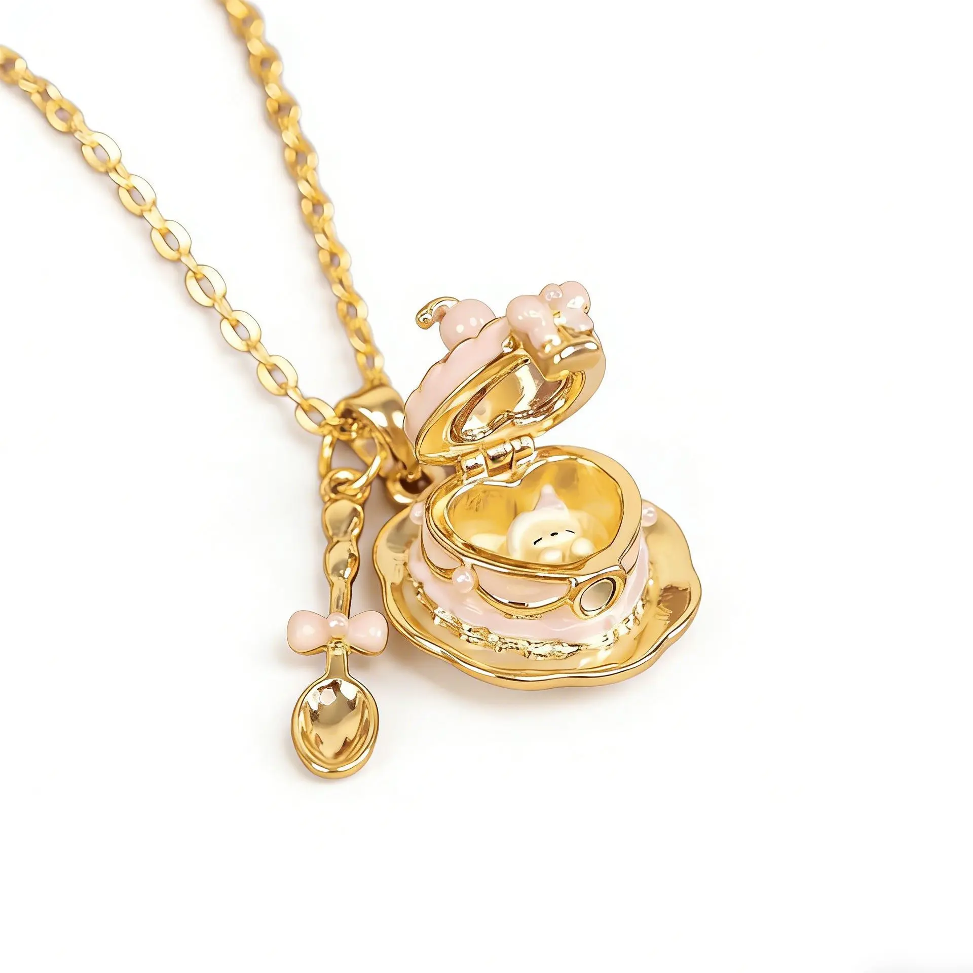 Sweet Openable Cup & Spoon Enamel Necklace, 18K Gold Plated Color Retention Pendant, Cute Birthday Gift for Little Girls