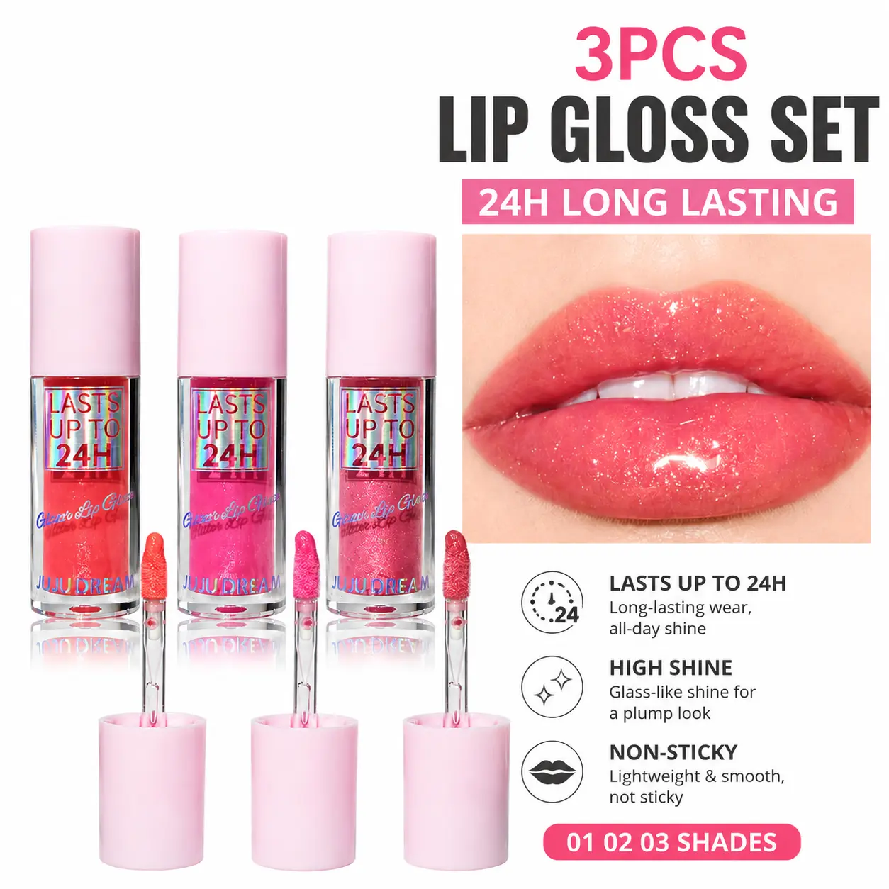 3PCS Lip Gloss Set, 24H Long Lasting High Shine Lip Gloss, Shimmer Glass Lip Gloss, Non-Sticky Moisturizing Lip Tint, Glossy Lip Makeup for Women