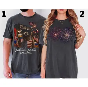 Comfort Colors Just Here For The Fireworks Funny 4th of July T-Shirt, Cute Raccoon Patriotic Couple Matching Tees, Adult Humor Independence Day Outfits