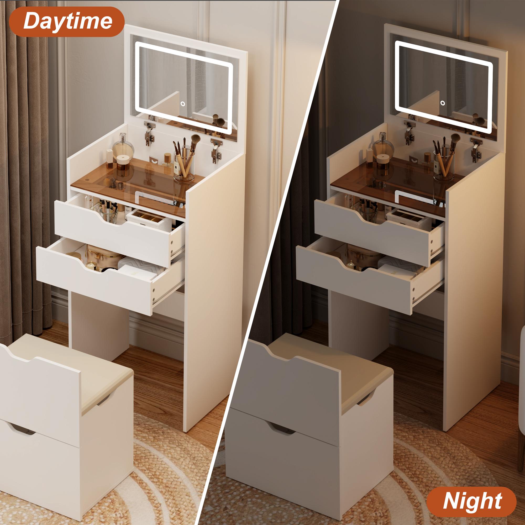 3-in-1 Lighted Makeup Vanity Set with Stool - Adjustable LED Vanity Table, 3-Color Lighting Mirror, Sliding Drawers, Hidden Storage, Space-Saving Bedroom Makeup Table with Lights, Makeup Vanity With Lights, Adjustable Vanity Set 3-in-1 Lighted Makeup Vanity Set with Stool - Adjustable LED Vanity Table, 3-Color Lighting Mirror, Sliding Drawers, Hidden Storage, Space-Saving Bedroom Makeup Table with Lights, Makeup Vanity With Lights, Adjustable Vanity Set
