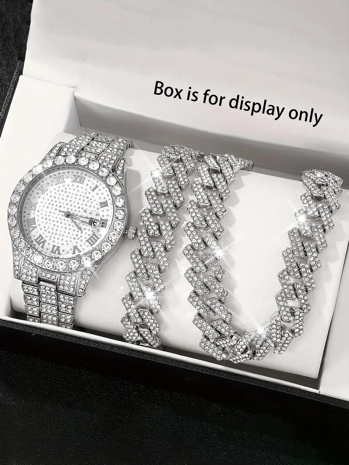 3Pcs Men's Fashion Luxury Set, Water Diamond Quartz Watch Band Calendar & Silver Color Chain, Perfect Gift for Him, Elegant Analog Style