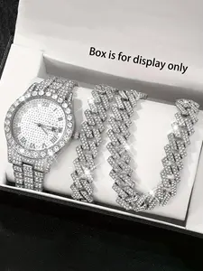 3Pcs Men's Fashion Luxury Set, Water Diamond Quartz Watch Band Calendar & Silver Color Chain, Perfect Gift for Him, Elegant Analog Style