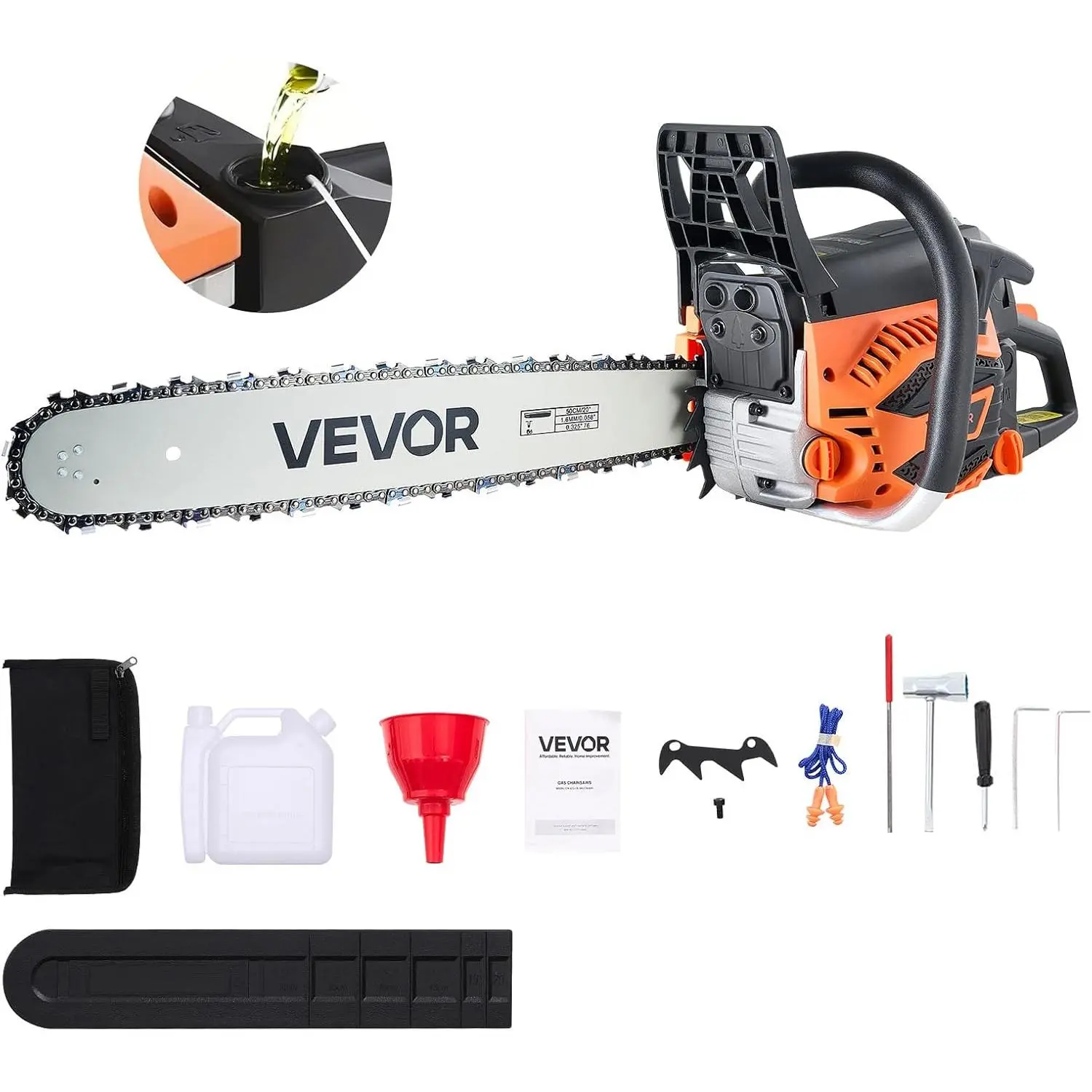 VEVOR 20-in Gas-Powered Chainsaw with Saw Blades, 62CC 3.8 HP 2-Stroke Engine, Non-Slip Handle, Dual Fuel Tanks, Tool Box Kit for Wood Cutting, Tree Trimming Gas Pole Saw Tool Box Tool Kit