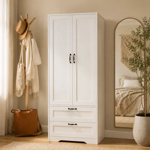 Modern Armoire Wardrobe - Wooden Wardrobe Closet with 2 Doors, 2 Drawers, Hanging Rod, Anti-Dump Base, Space Saving Design, Clean Aesthetic, Large Capacity Storage Unit for Bedroom Bedding Organization, Easy Assembly (Assembly Required)