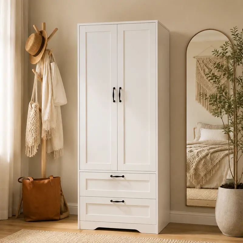 Modern Armoire Wardrobe - Wooden Wardrobe Closet with 2 Doors, 2 Drawers, Hanging Rod, Anti-Dump Base, Space Saving Design, Clean Aesthetic, Large Capacity Storage Unit for Bedroom Bedding Organization, Easy Assembly (Assembly Required)