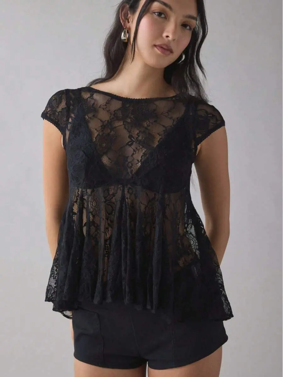 Sunnie x Women's Casual Elegant Sexy White Pleated Lace Backless Blouse Summer