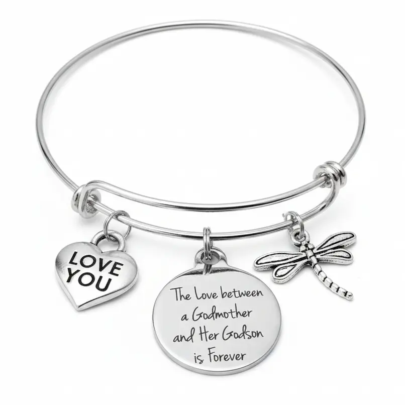 Godmother Godson Bracelet – “The Love Between a Godmother and Her Godson is Forever” Silver Charm Bangle