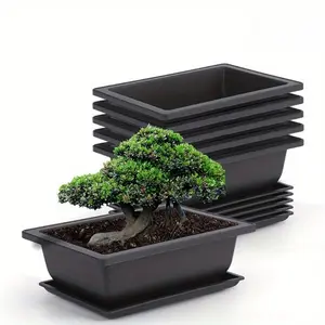 12-Piece classic imitation purple sand flower pot combination (6 flower pots + 6 bases) with drainage tray, durable plastic material, suitable for succulents, bonsai and indoor and outdoor planting, ideal for succulents and bonsai