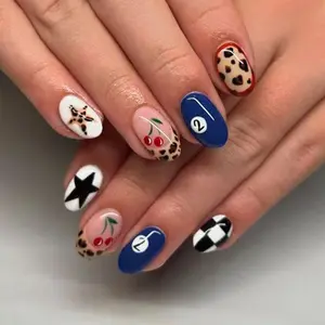 24pcs Short Oval Blue Leopard French Nail Set, Glossy Acrylic False Nails, Star, Chessboard, Cherry Design, for Women and Girls
