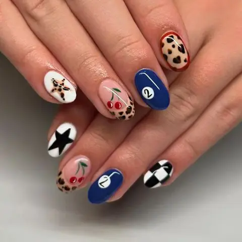 24pcs Short Oval Blue Leopard French Nail Set, Glossy Acrylic False Nails, Decorative Nails, Nail Decoration Supplies, Star, Chessboard, Cherry Design, for Women and Girls, Nail Art Supplies