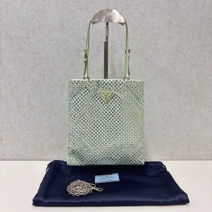 Pre-owned PRADA Rhinestone tote bags Mint Green Crystal Mini Tote 21713479
