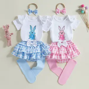 Imcute Toddler Infant Baby Girls Easter Outfits Set Bunny Short Sleeve Romper Tops Skirt Shorts Headband Socks Set Infant 4pcs Clothes Set