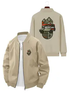 Outdoor Adventure Style Men's Bomber Jacket with Off Road Vehicle and Mountain Pattern Print for Travel and Exploration Activities