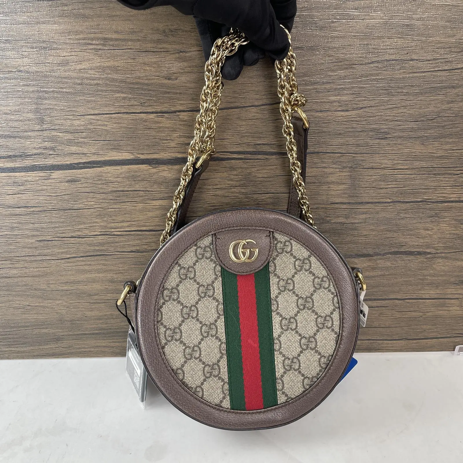 Pre-owned GUCCI coated canvas Crossbody Bags Ophidia Mini Round Crossbody Bag++Bag charm++