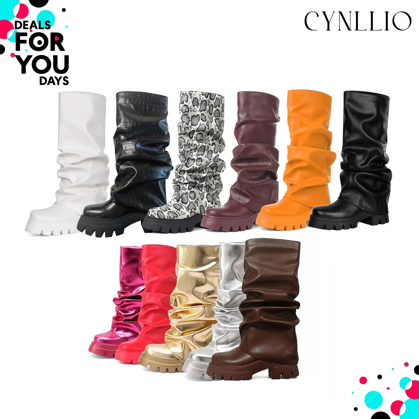 CYNLLIO Knee High Boots Women Slouchy Fold Over Boot Platform Boots Chunky High Heels Long Boots Round Toe Dress Spring Tall Boots for Women Deals For You Days