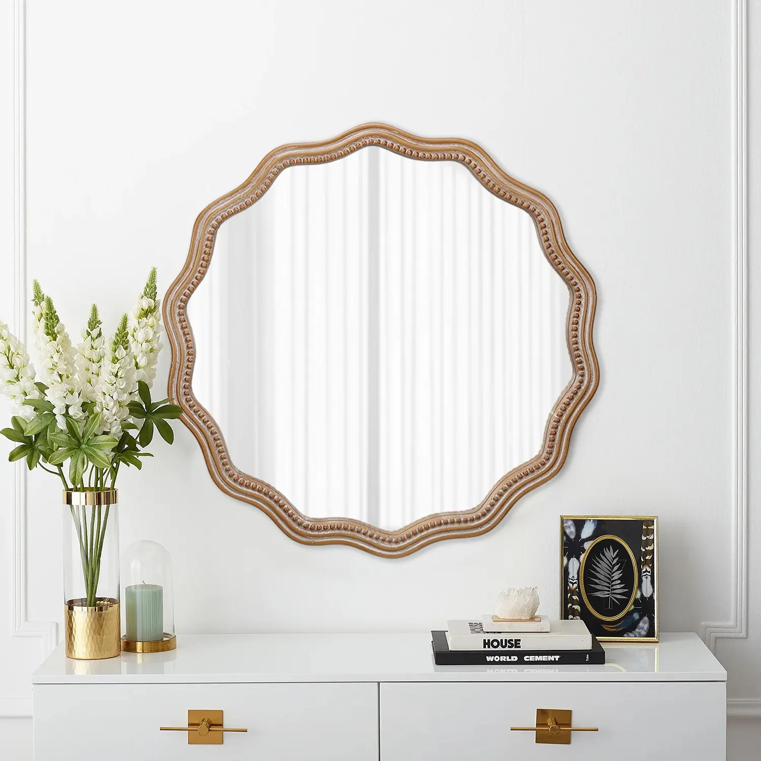 Decorative Scalloped Wood Wall Mirror, 23.62-Inch Round, Antique Natural Finish, Modern Farmhouse Style for Bathroom, Living Room, Nursery