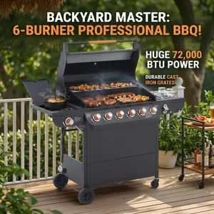 6 Burner Propane Gas BBQ Grill with Side Burner 72000 BTU Stainless Steel Barbecue for Outdoor Cooking Backyard Patio Garden Grilling Party Cast Iron Grates Heavy Duty Summer BBQ Essentials Backyard Chef Grilling Gear