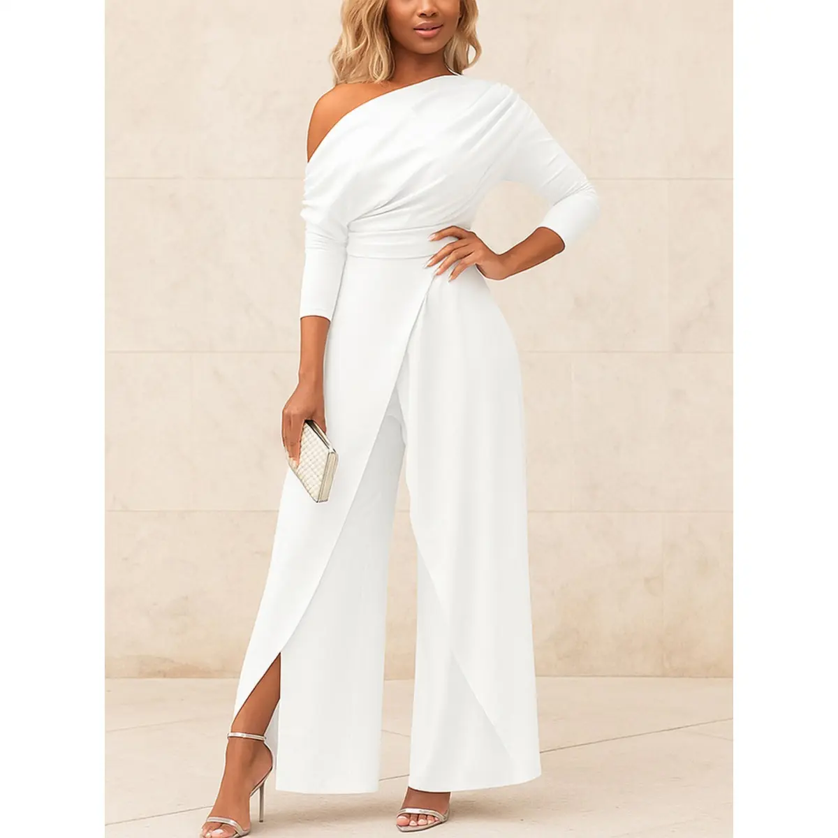 Women's Comfortable Wrap Lady Jumpsuit - Elegant Off-The-Shoulder, Asymmetrical 3/4-Sleeve, Straight-Leg (No Slit), Basic 1-Piece Formal Wear for Cocktail, Wedding, Accessories-Compatible Chic Ruched All-Season Outfit