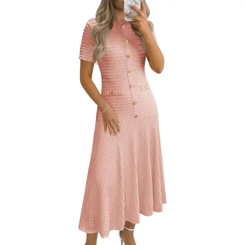 Wenrine Women's Crew Neck Short-Sleeve Fitted Midi Dress - Summer Machine-Washable Casual Polyester Knit Apparel with Textured Depth, Slim-Fit A-Line Full-Lined Minimalist Button Decor, Easy to Style with Jackets