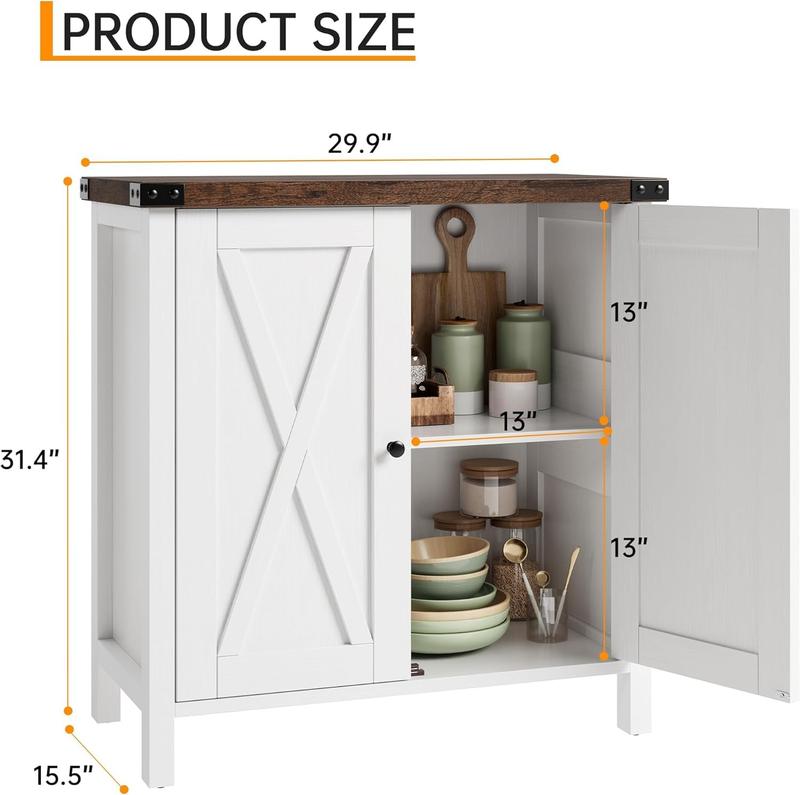 【GARVEE】Kitchen Credenza, Sideboard with 2 Doors, Living Room Credenza with Adjustable Shelves, Country House Style for Kitchen, Dining Room, 76 x 40 x 80 cm (White and Brown)