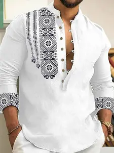 Men's Ethnic Pattern Half Button Casual Trendy Shirt, Regular Fit Boho Fashion Long Sleeve Top for Spring & Fall, Men's Clothes for Daily Wear