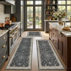 Set of 3 Black Boho Kitchen Rugs, Non-Slip Machine Washable Low-Pile Runner Floor Mats for Sink Entryway Bathroom Laundry Room Bedroom, Vintage Farmhouse Design