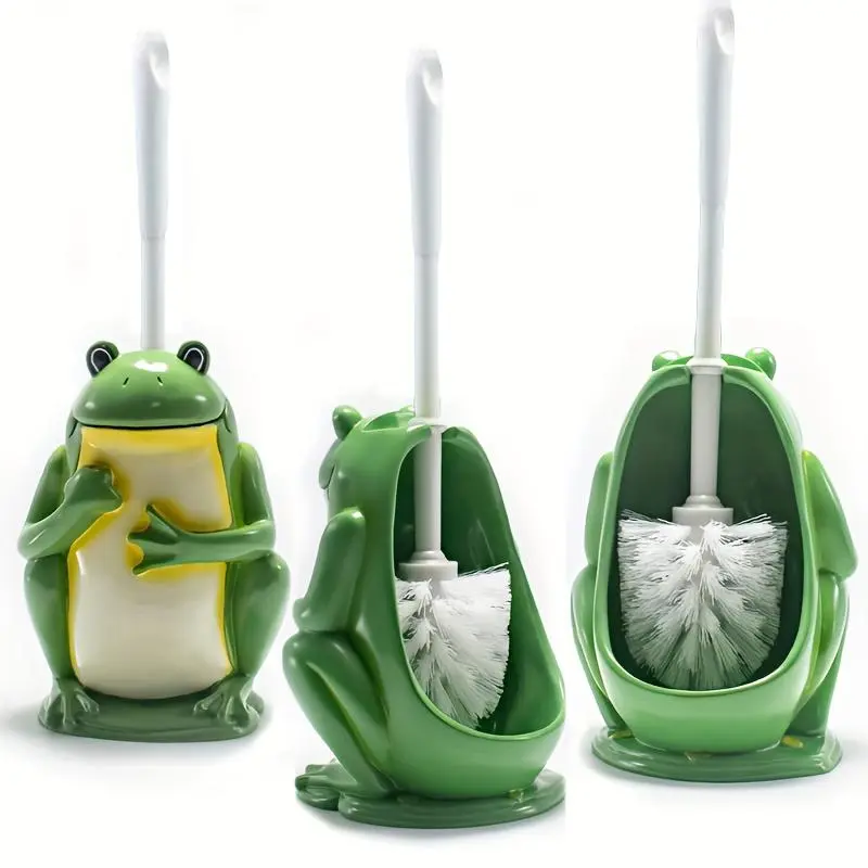 Animal Frog Shape Toilet Brush Holder And Toilet Brush, Compact Size Toilet Bowl Brush with Plastic Handle, Small Size Resin Holder Easy to Hide, Space Saving for Storage, Drip-Proof, Easy to Assemble, Deep Cleaning Toilet Brush Bathroom Additions