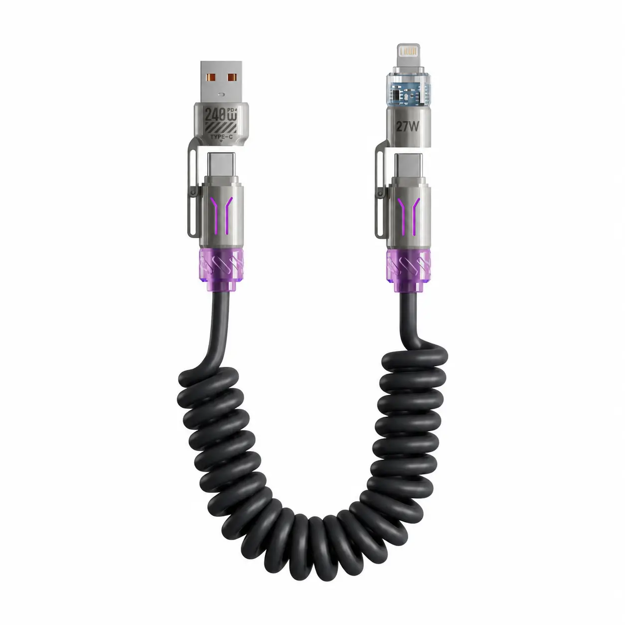 240W 4-in-1 Coiled Fast Charging & Data Cable, USB-C and Lightning Connectors, Durable PE Jacket, for CarPlay and Smartphones