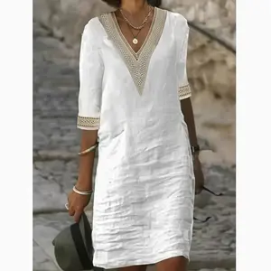 Women's Summer Cotton-Linen Casual Dress - Solid Color, V-Neck, Mid-Length Sleeves, Refined Comfortable Fit, Graceful Aura