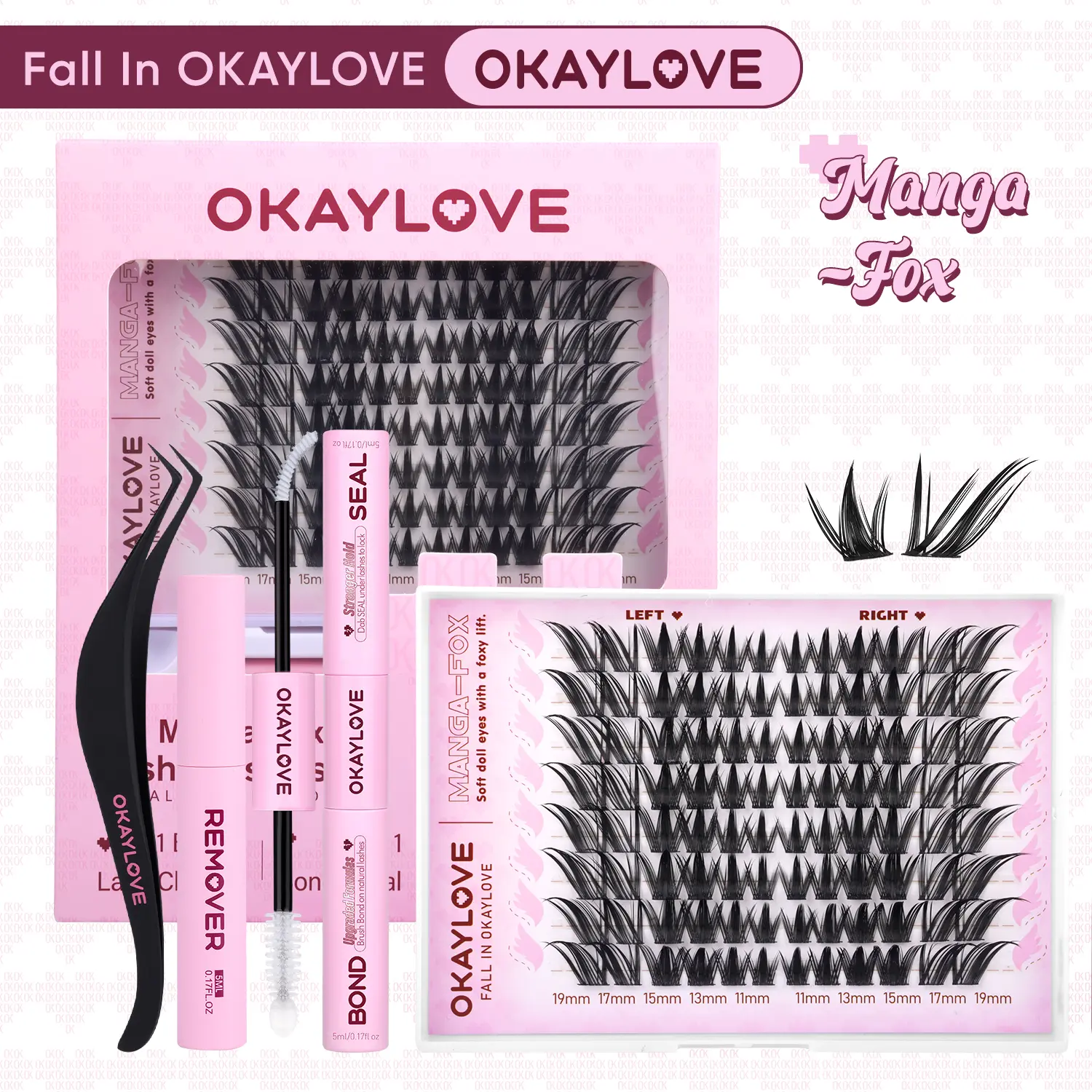 OKAYLOVE Manga-Fox Manga Lashes Kit - High Quality Cosmetic Individual False Lashes, DIY Eyelash Extensions, Lightweight, Waterproof Long-Lasting Bond & Seal, Tweezers, Remover for At-Home Application, Gift for Natural Makeup Girls