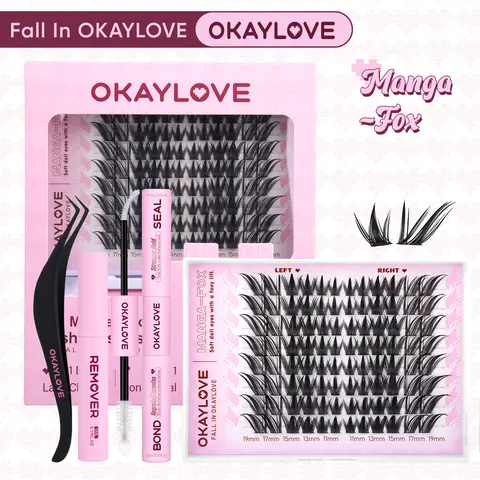 OKAYLOVE Manga-Fox Eyelashes Clusters Kit - High Quality Cosmetic Individual False Lashes, Dramatic DIY Eyelash Extensions, Lightweight, Waterproof Long-Lasting Bond & Seal, Tweezers, Remover for At-Home Use, Gift for Natural Makeup Enthusiasts, Individua