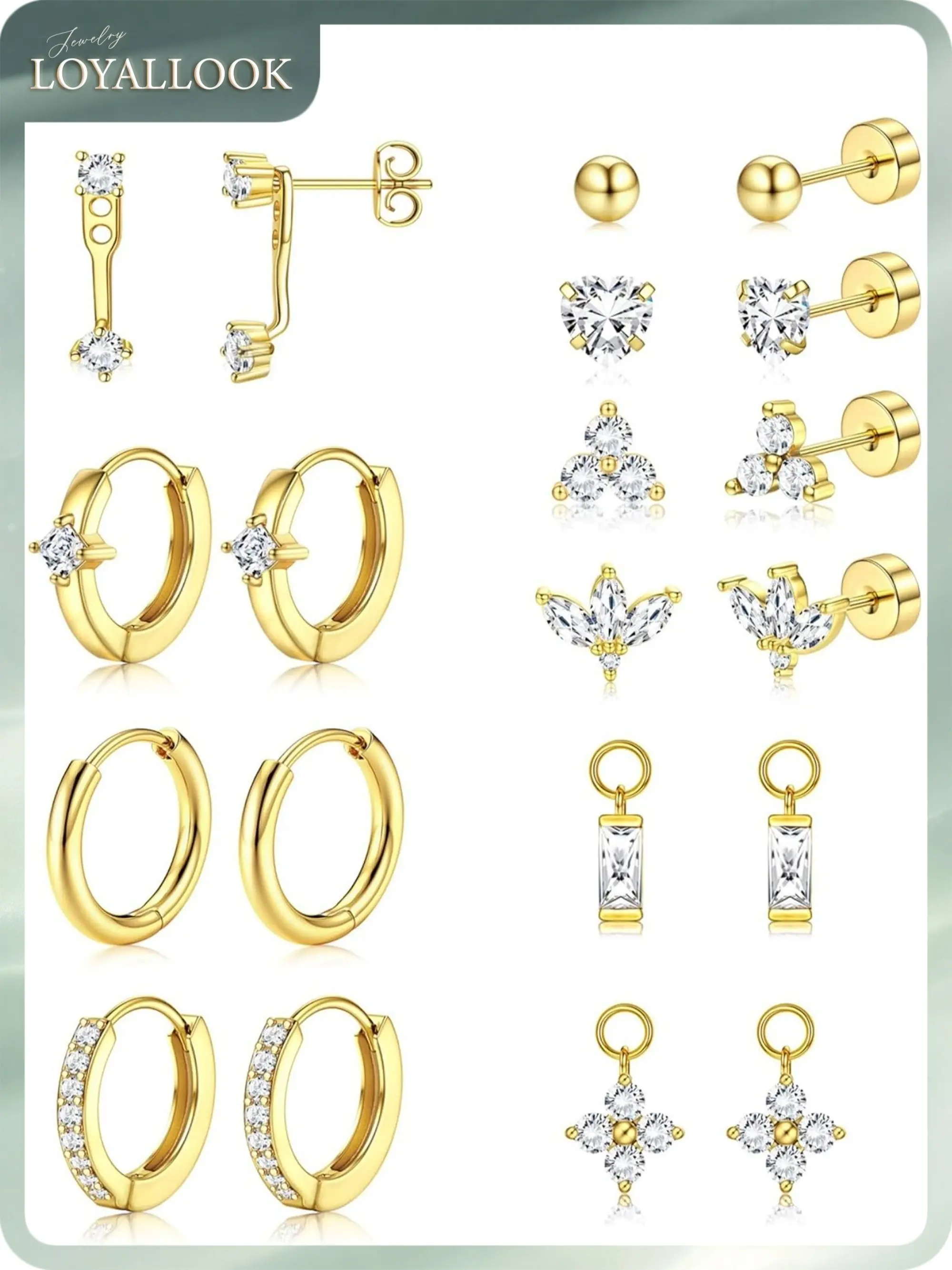 LOYALLOOK Small Gold Hoop Stud Earrings for Women - Hypoallergenic Surgical Stainless Steel Earrings Stack with CZ Charm Cartilage Earring Sets for Multiple Piercing Flat Back Stud Earrings