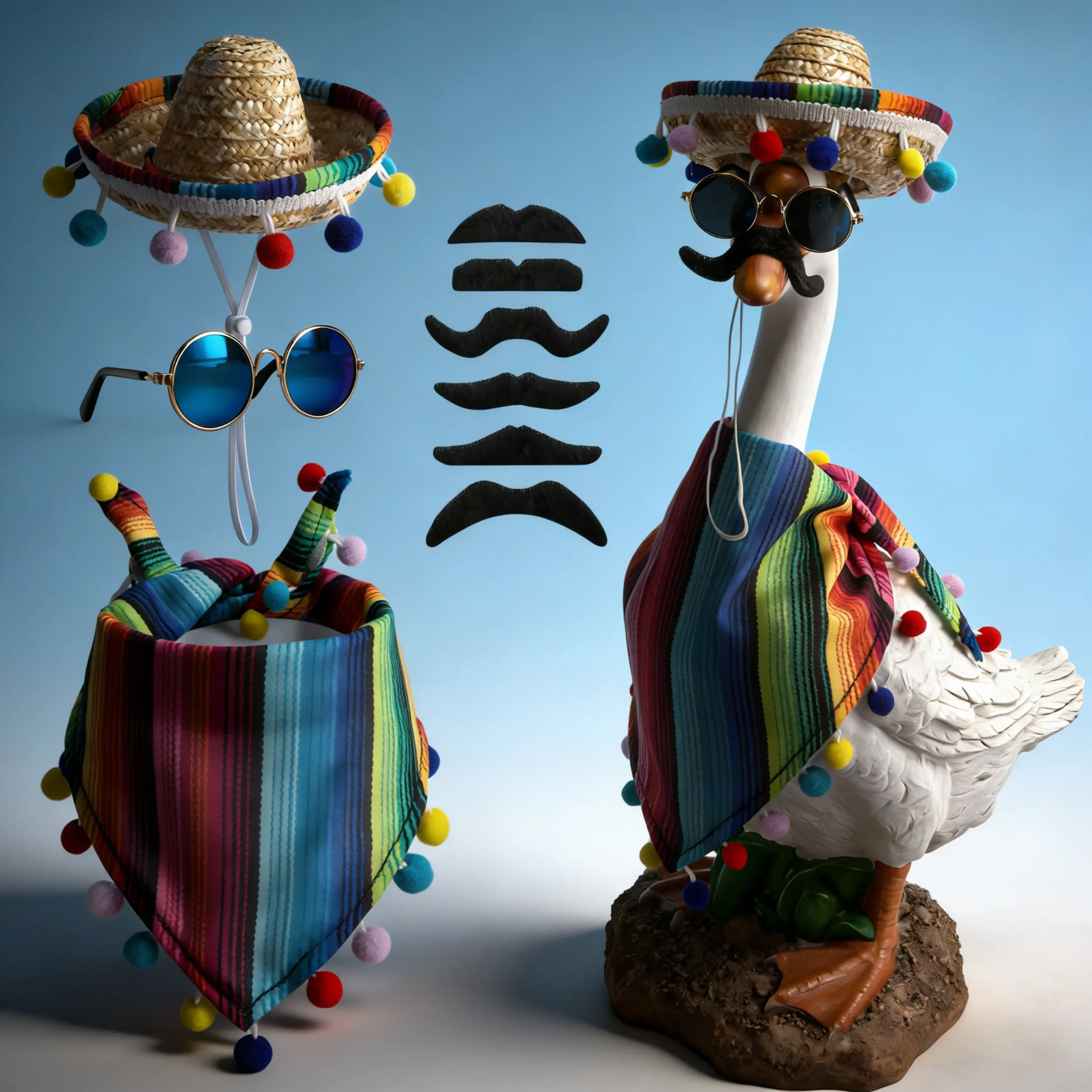 Mexican Goose Costume Accessories Set (4-Pack) - 17"/23" Sombrero, Bandana, Beard & Glasses for Cinco de Mayo Holiday Garden Patio Party Props, Festival Party Supplies (Goose Statue Not Included)