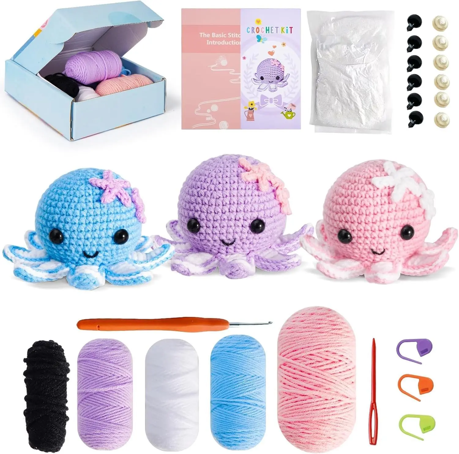 Crochet Kit for Beginners: Make 3 Cute Amigurumi Animals with Easy-to-Follow Video Tutorial, Complete Beginner Crochet Kits for Kids Adults, Creative Christmas Birthday Gift Idea for Women & Girls Gift